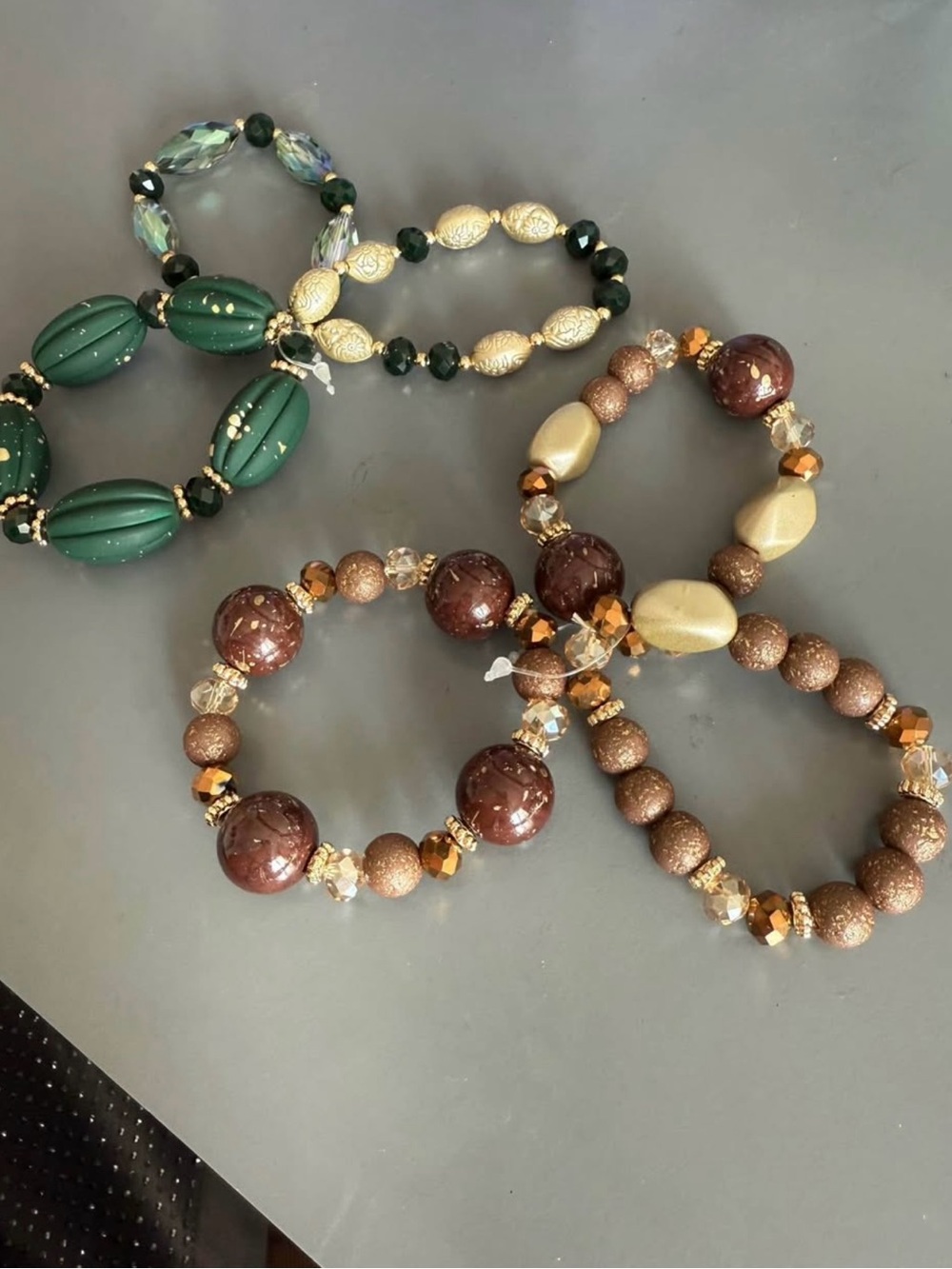 Handmade Women's Beaded Stretch Bracelet Set - Green & Brown - Set